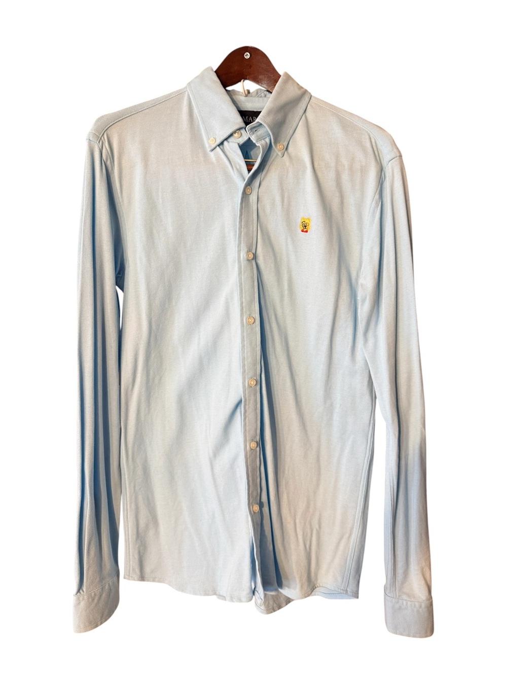 Blue Long-Sleeve Button-Down Casual Dress Shirt with Embroidered Teddy Bear